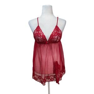 Frederick's of Hollywood Red Lace Babydoll Chemise Top Lingerie Fairy Sexy Sheer